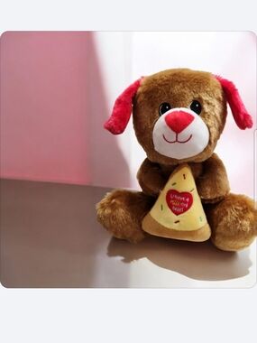 Plush Brown & Pink Puppy with Pizza Heart Toy